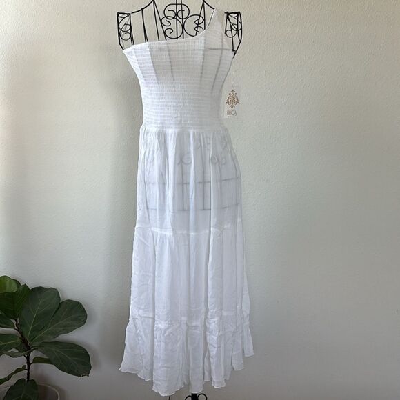NWT BECCA Smocked Ponza One-Shoulder Flowy White Coverup Midi Dress - Picture 5 of 7